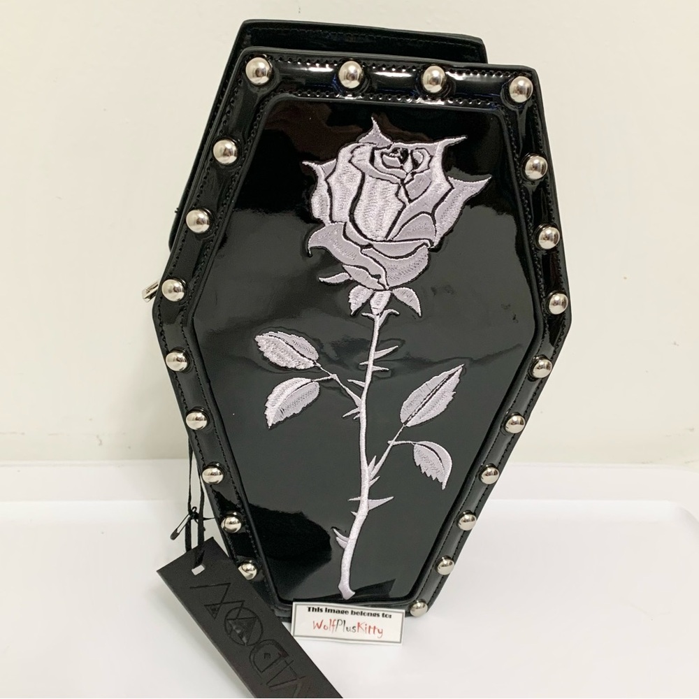 Rose Studded Coffin Widow Convertible Backpack Crossbody Bag Vegan Patent NEW